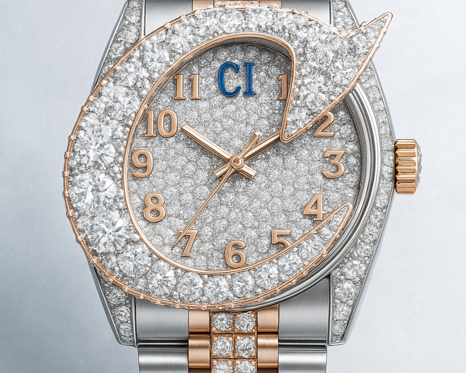 Luxury watch with diamond-studded face and rose gold accents on a light gray background